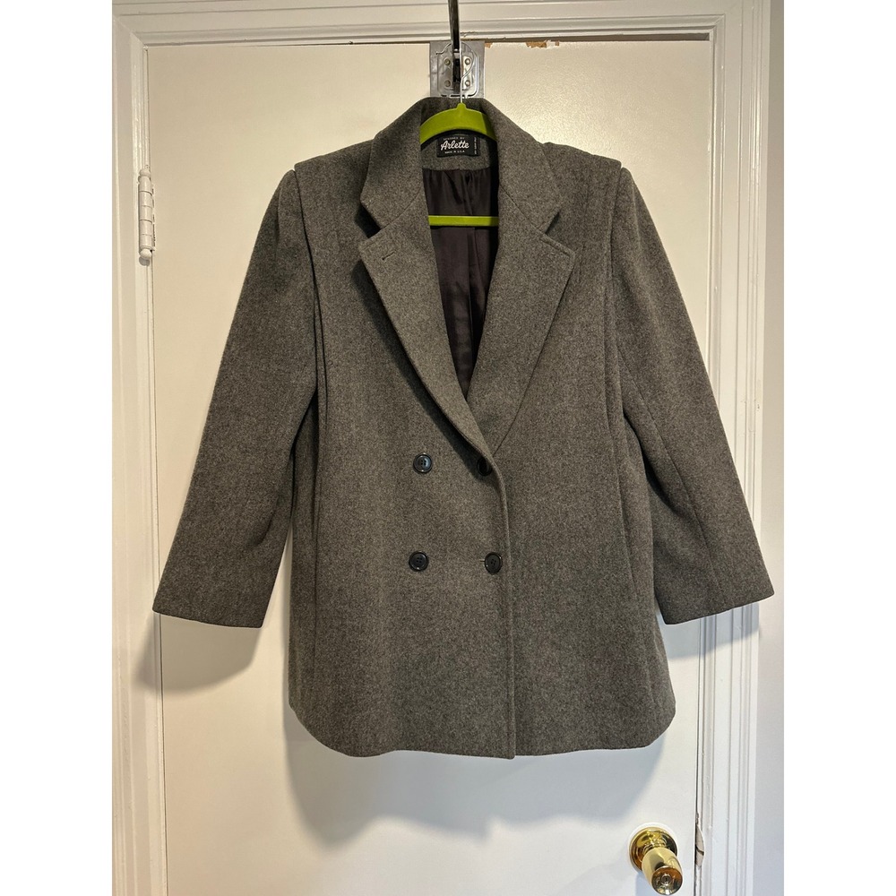 Arlette Vintage Minimalist Double Breasted Wool Pea Coat Sz:M Grey USA Made